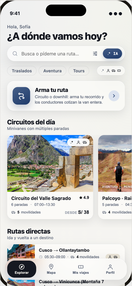 Pantalla Descubrir de la app Rutea