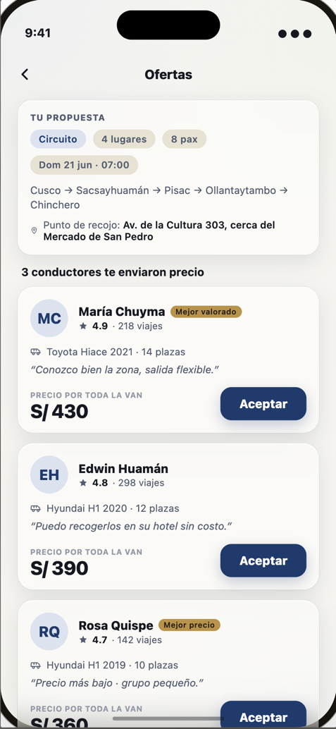 Ofertas de conductores en la app Rutea
